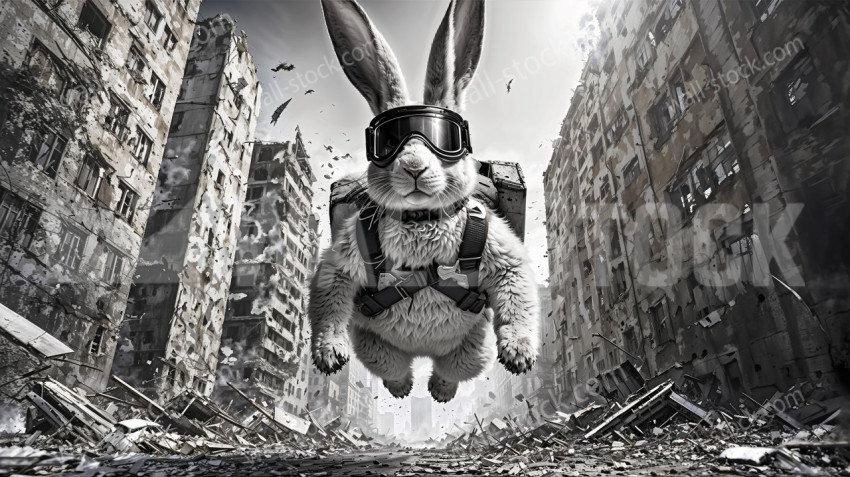 White rabbit wearing helmet and goggles floating in the air with a backpack