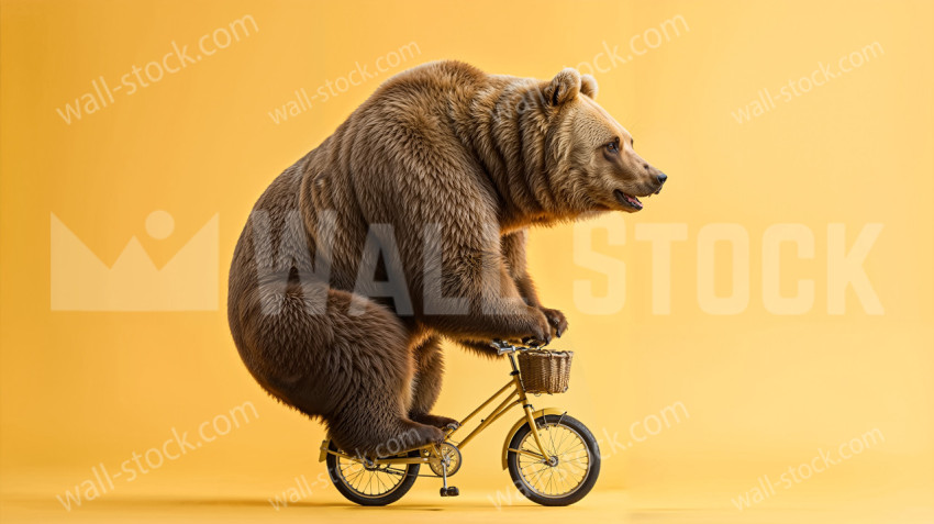 Big brown bear riding a bike with a basket on the front