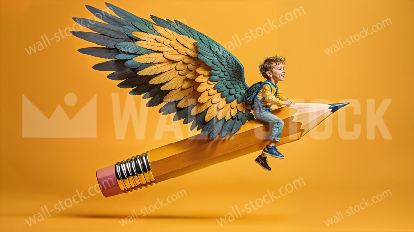 A boy with wings flies on a pencil, He has a backpack on his back