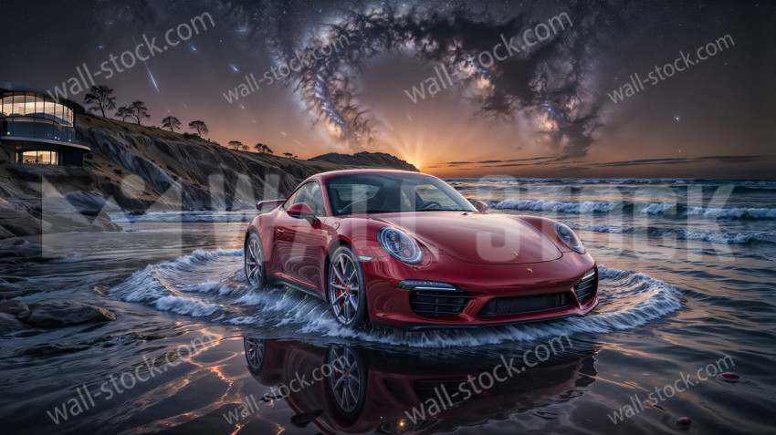 A red Porsche 911 sports car driving along the beach at sunset with a dramatic sky and waves.