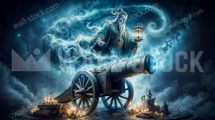 A genie stands on a battle cannon, holding a lantern in a blue mist