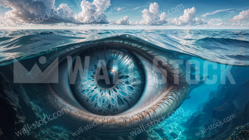 A giant human eye under the sea where the coral reef is located