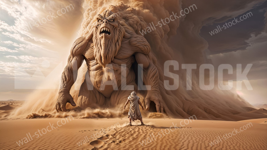 A man stands before a giant sand monster and challenges the creature's fury