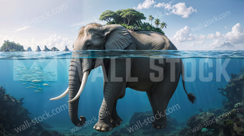 A majestic elephant swimming in the ocean with a small island on its back and tropical trees in the background