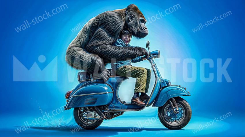 Fun image of a gorilla and child riding a Vespa scooter