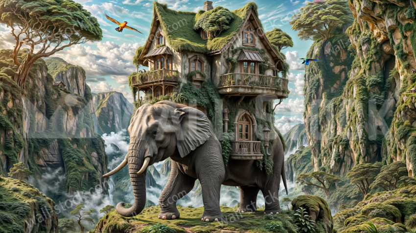 A cute house on top of a giant elephant in the middle of a lush green landscape
