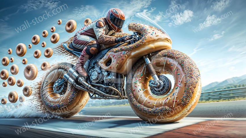 Racer riding a motorcycle with donut wheels made of sweets