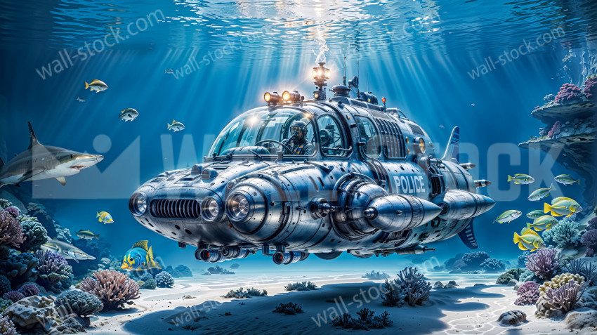 A futuristic police submarine equipped with advanced technology that patrols the ocean floor