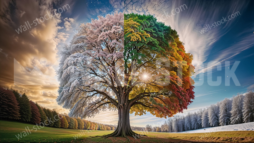 A tree representing four seasons at once, a unique depiction of spring, summer, autumn and winter in harmony