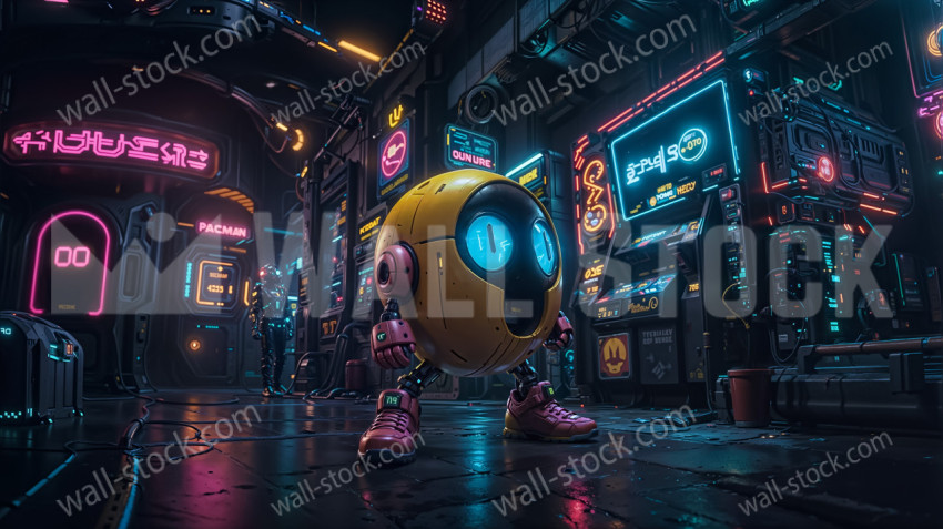 PacMan in a cyberpunk style, standing in a futuristic city with neon lights and signs