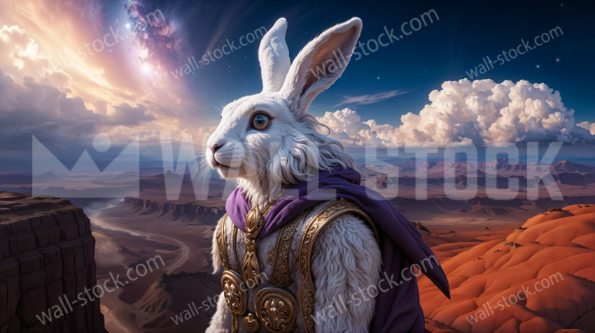 An upright white rabbit adorned with intricate medieval-style armor with gold details and a purple cape