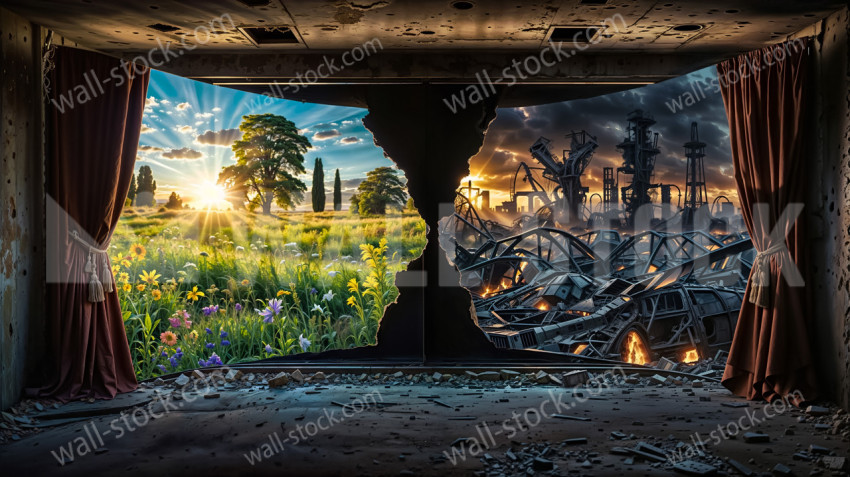 There is a stage with large curtains divided into two, one part of which shows a beautiful view and the other part shows a ruined view.