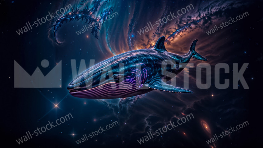 A cosmic whale with constellations on its skin, swimming through the starry depths of space