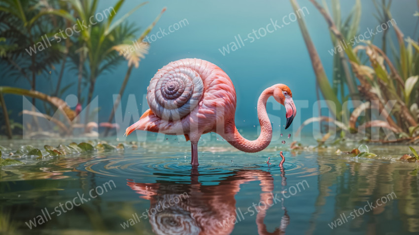 Snail like flamingo wearing a spiral snail shell, standing in a shallow pool of water