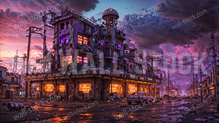 A ghost town of dilapidated buildings and scrap cars at dusk under a pink and purple sky