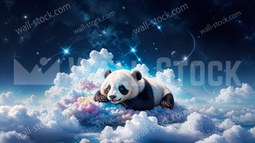 Cute baby panda lies happily on the clouds under a starry sky