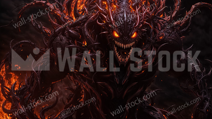 A menacing, red-skinned symbiote with bared teeth and a huge mouth stands powerfully in the middle of a fiery inferno