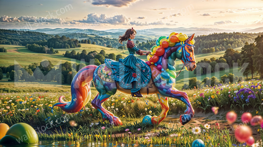 A woman riding a horse made entirely of colorful balloons, set amidst nature