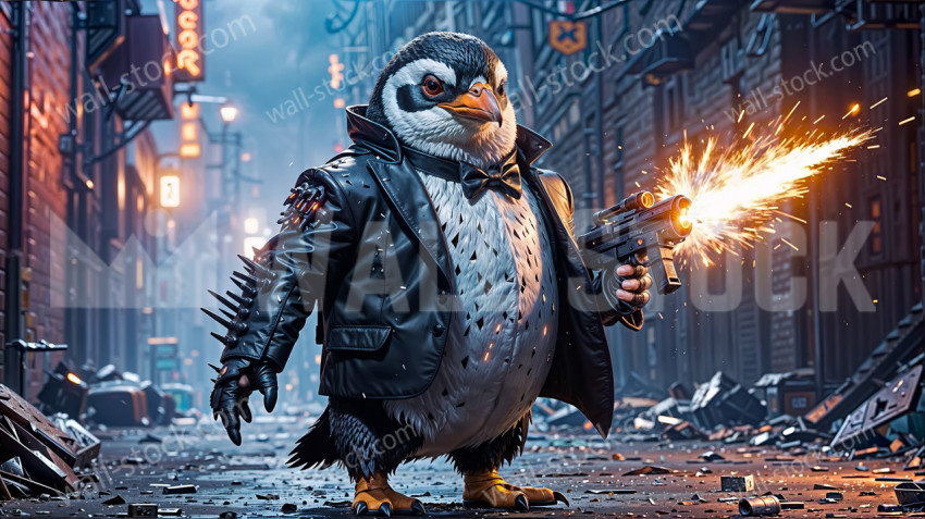 The penguin mafia stands defiantly in the middle of a smoggy, dimly lit city street where broken glass and crumpled garbage are strewn on the ground