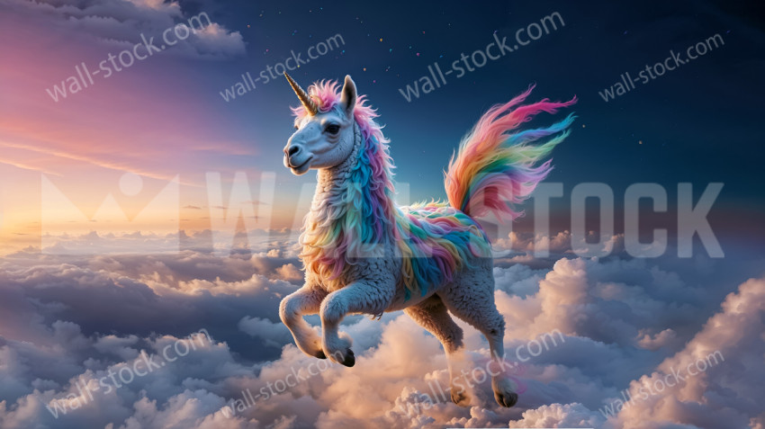 A hybrid Llamacorn with the body of a llama and the horn of a unicorn flies on the clouds