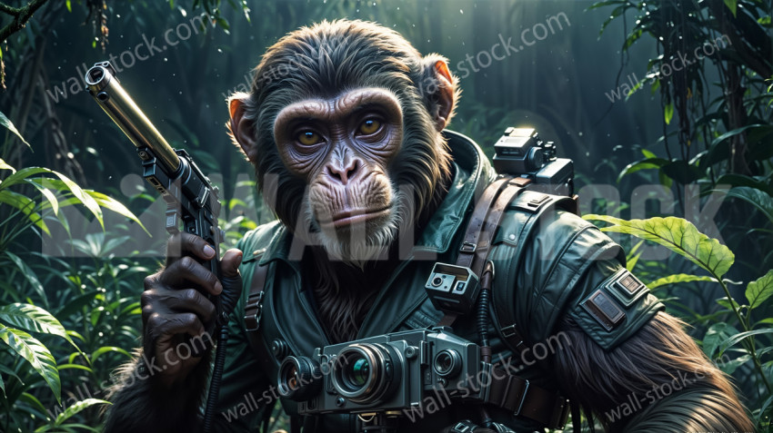 A bearded monkey holds a simple pistol while on watch and preparing for battle in the forest