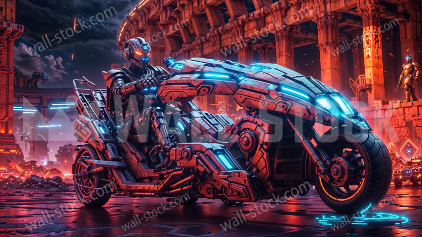 Cyber gladiator on neon-lit motorcycle in ancient futuristic arena