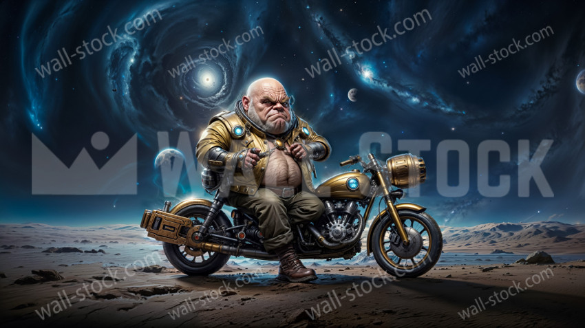 A bald man in a golden suit rides a golden motorcycle on a desert planet with a starry sky and planets in the background
