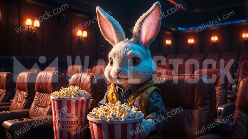Cute little rabbit watching movie in movie theater eating popcorn