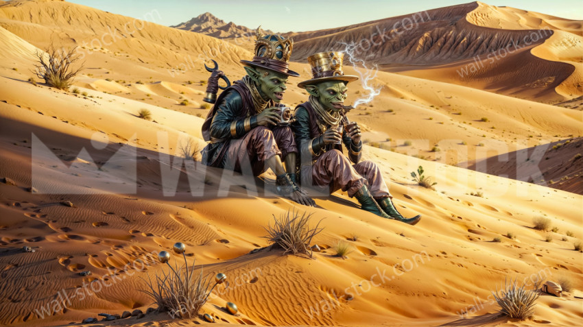 Royal golden brothers goblins enjoying meeting in the desert