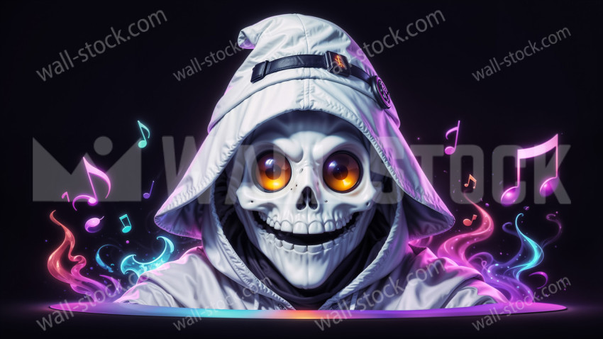 Skeleton dj in neon music galaxy