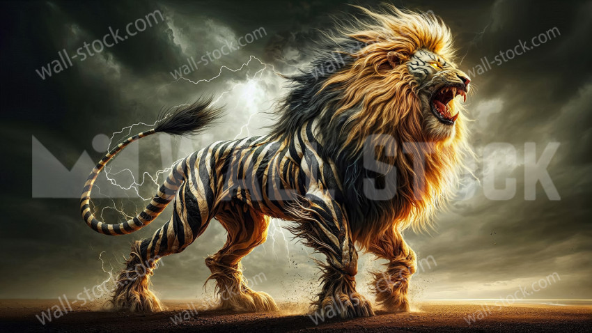 A fantastical creature with the body of a zebra, the head of a lion, and the mane of a lion, standing in a stormy, lightning-filled sky.
