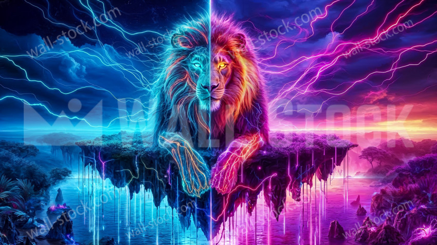 Two lions with neon fur, one blue and one pink, stand on rock formations floating on a body of water