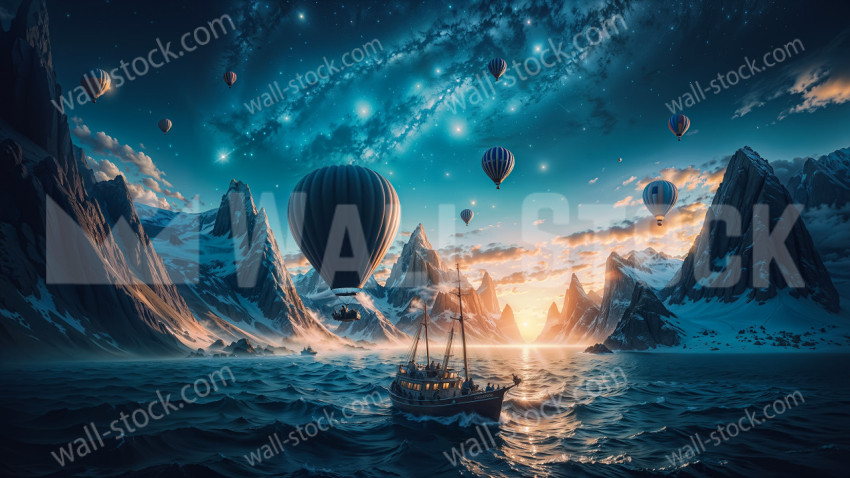 Hot air balloons flying over a sea surrounded by snowy mountains