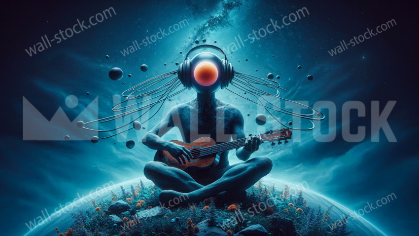 Guitar-playing humanoid creature with a glowing planet-like head wearing headphones