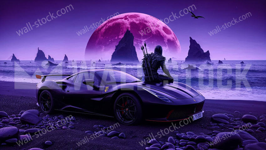 A warrior wearing a hooded cloak sits on the hood of a black sports car on the beach with a vibrant purple moon in the background