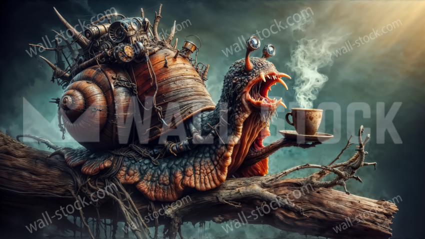 mechanical snail creature holds a steaming cup of coffee on a log