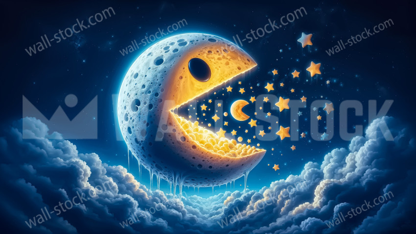 Pacman as a moon eating the stars in the universe