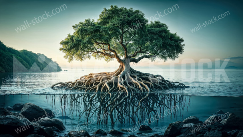 A view of a tree with roots growing from the sea
