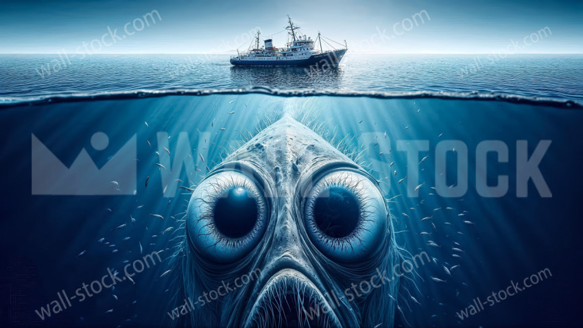 A giant fish sadly watches a fishing boat hunting small fish