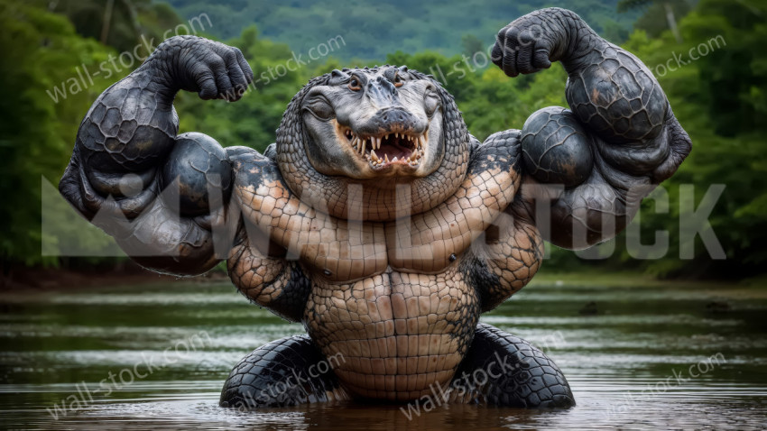 A huge, muscular crocodile flexes its biceps in a show of strength