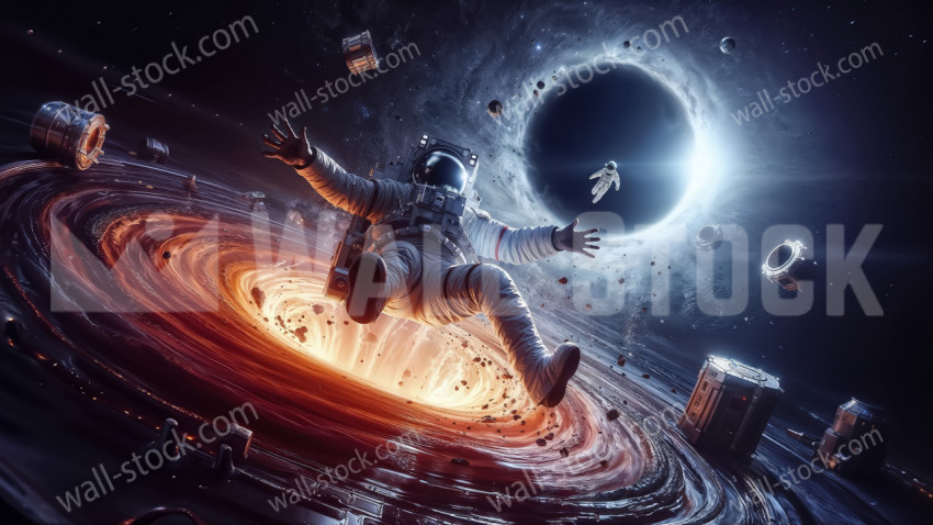Space station debris scattered around Astronauts falling into black hole