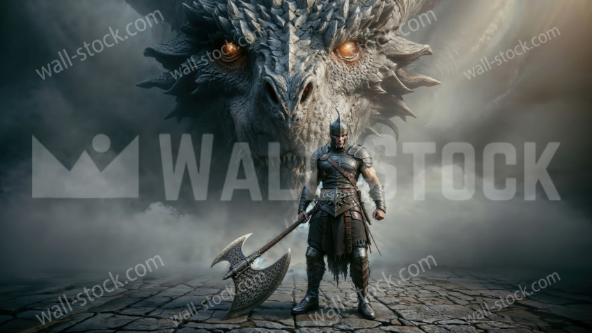 Silver-armored warrior with an axe posing in front of an angry dragon