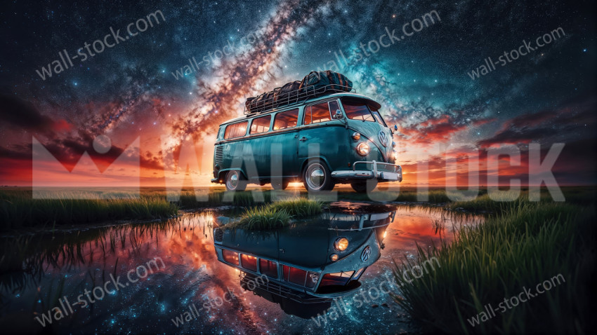 An old volkswagen van parked on a reflective wet road under a starry sky