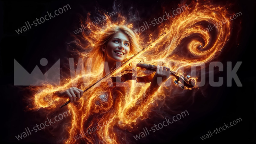 A beautiful woman with a body made of burning flames and smiling while playing the violin