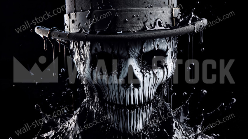 Wet oily black ink spilled over Ghostface skeleton