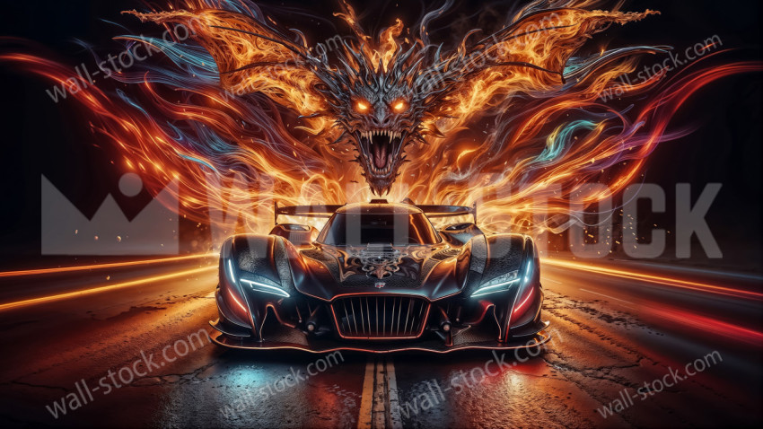 Fire dragon flying on a super fast racing car designed entirely in the shape of a dragon