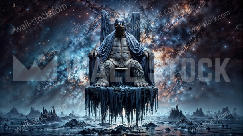 A blindfolded turtle sits on a throne made of ancient stone