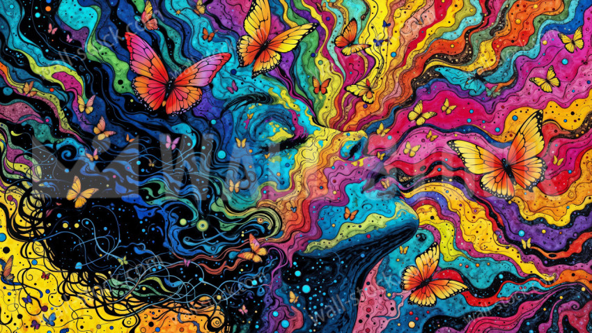 Butterflies rising around a woman, interlocking paints, vibrant colors and intricate details