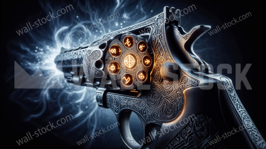 A revolver cylinder, a weapon of intricate design, sparkling with glowing magical symbol rune bullets