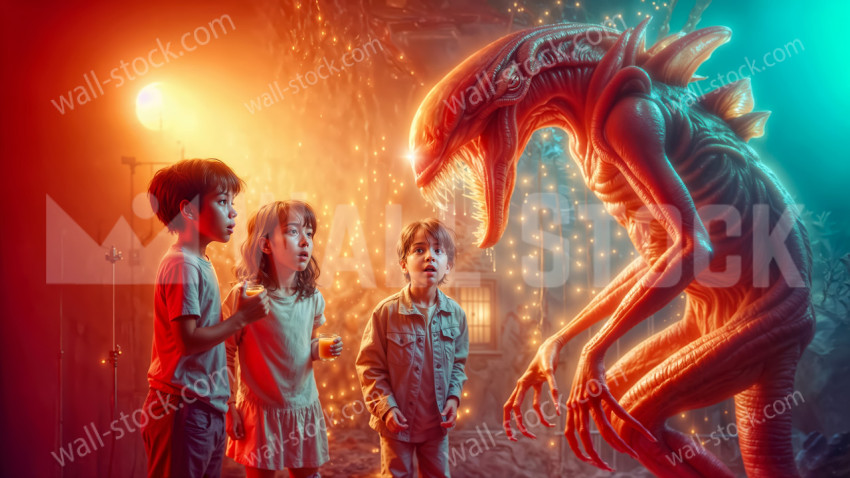 Three children stare with astonishment at a glowing alien creature